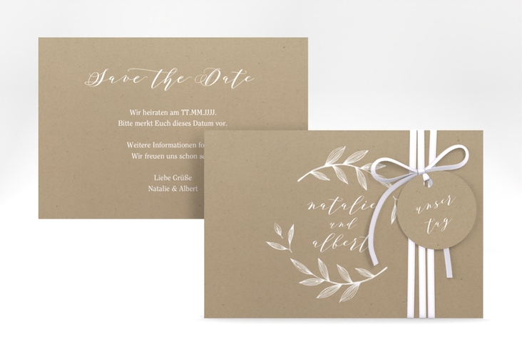 Save the Date-Karte Naturelove A6 Karte quer weiss hochglanz in Kraftpapier-Optik mit Blattzeichnung