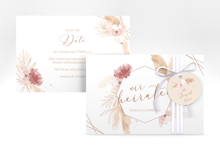 Save the Date-Karte Bohostyle A6 Karte quer beige mit Pampasgras in Aquarell