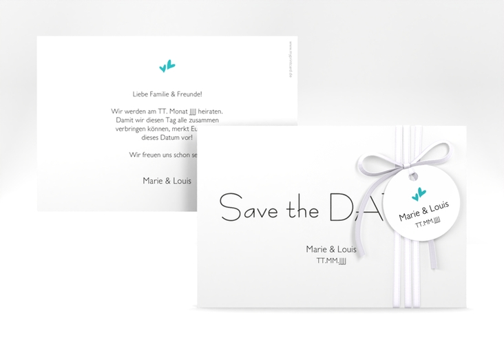 Save the Date-Karte Hochzeit Twohearts A6 Karte quer tuerkis hochglanz