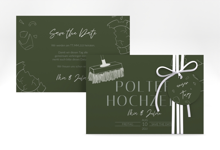 Save the Date-Karte Polterhochzeit A6 Karte quer gruen mit Besen und kaputtem Porzellanteller