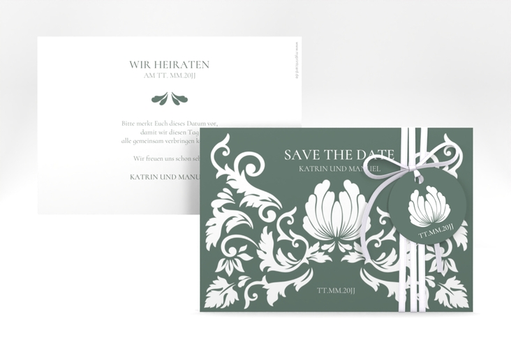 Save the Date-Karte Royal A6 Karte quer gruen hochglanz mit barockem Blumen-Ornament