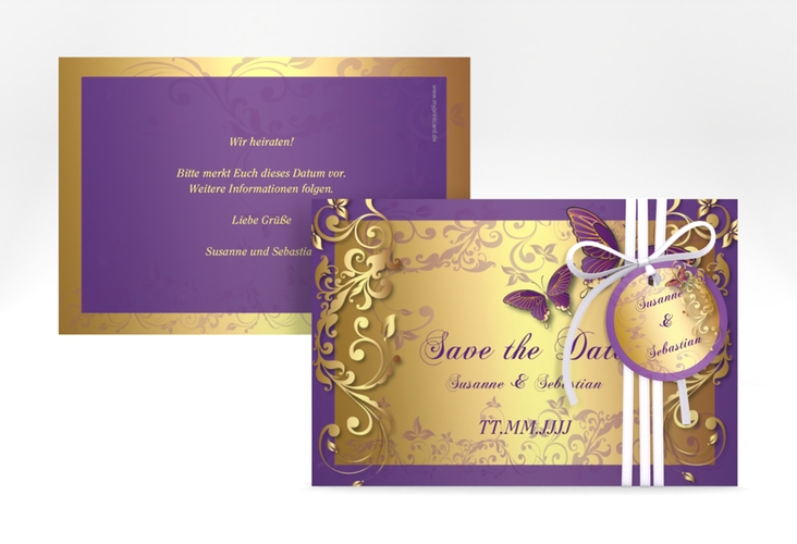 Save the Date-Karte Hochzeit Toulouse A6 Karte quer lila hochglanz romantisch mit Schmetterlingen