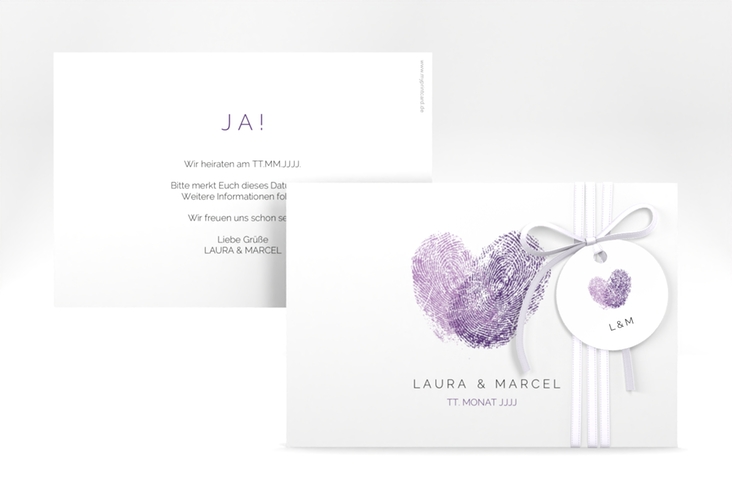 Save the Date-Karte Fingerprint A6 Karte quer lila schlicht mit Fingerabdruck-Motiv