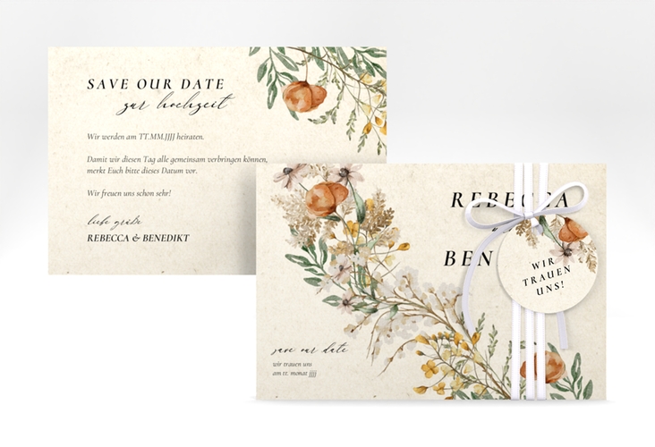 Save the Date-KarteWildfang A6 Karte quer beige mit getrockneten Wiesenblumen