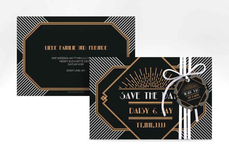 Save the Date-Karte Hochzeit Gatsby A6 Karte quer schwarz im 20er-Jahre-Stil
