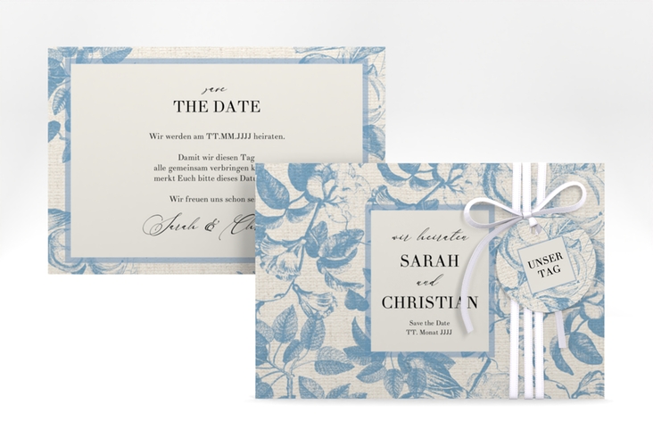 Save the Date-Karte Toile A6 Karte quer mit Blättermuster im Toile-de-Jouy-Stil