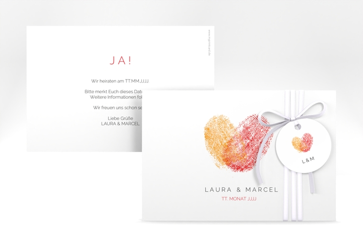 Save the Date-Karte Fingerprint A6 Karte quer rot schlicht mit Fingerabdruck-Motiv