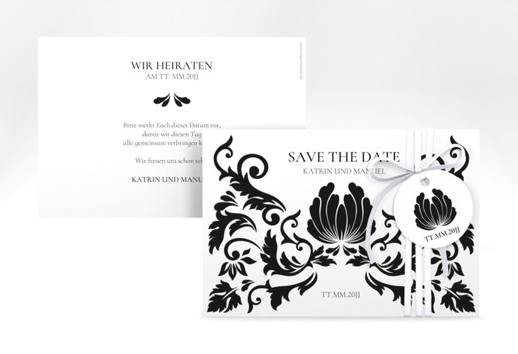 Save the Date-Karte Royal A6 Karte quer weiss mit barockem Blumen-Ornament
