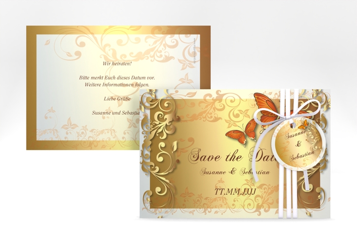 Save the Date-Karte Hochzeit Toulouse A6 Karte quer orange hochglanz romantisch mit Schmetterlingen