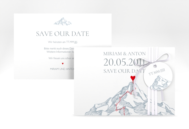 Save the Date-Karte Berge A6 Karte quer mit Berggipfel und eingezeichneter Route zum Herzen