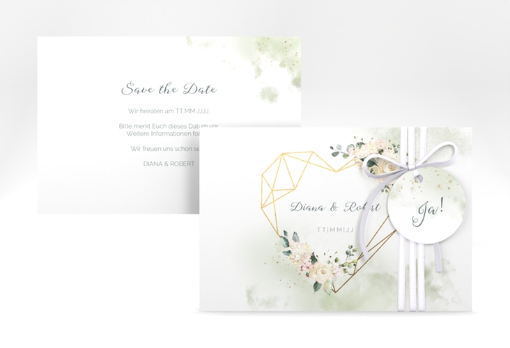 Save the Date-Karte Adore A6 Karte quer mit geometrischem Herz und Rosen in Aquarell
