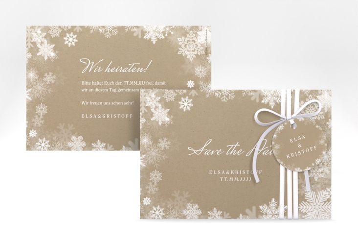 Save the Date-Karte Snowfall A6 Karte quer Kraftpapier mit Schneeflocken für Winterhochzeit
