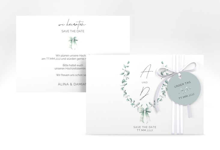 Save the Date-Karte Eucalypt Bow A6 Karte quer gruen hochglanz