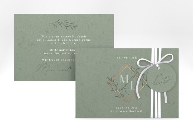 Save the Date-Karte Greenletter A6 Karte quer mit Initialen in elegantem Goldrahmen mit Blättern