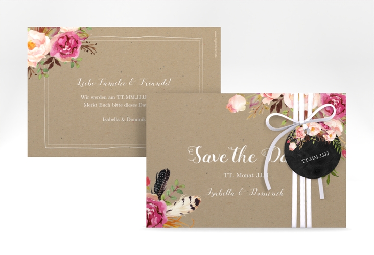 Save the Date-Karte Flowers A6 Karte quer Kraftpapier hochglanz mit bunten Aquarell-Blumen