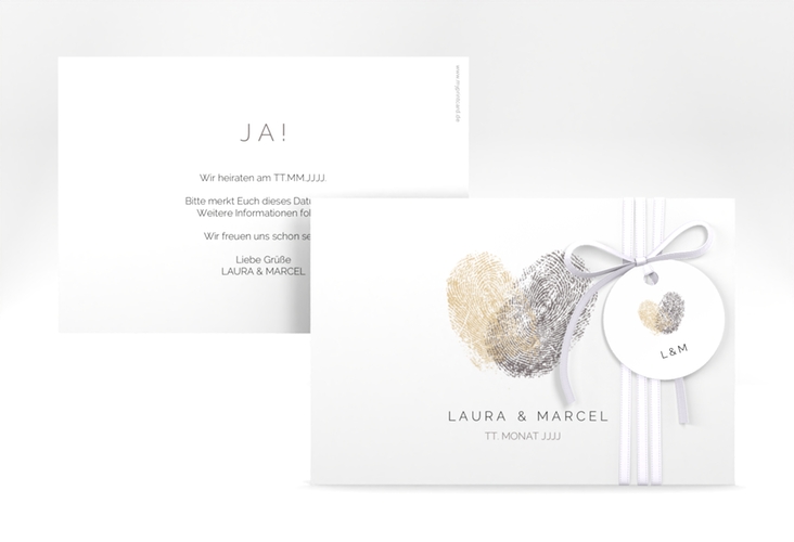 Save the Date-Karte Fingerprint A6 Karte quer beige schlicht mit Fingerabdruck-Motiv