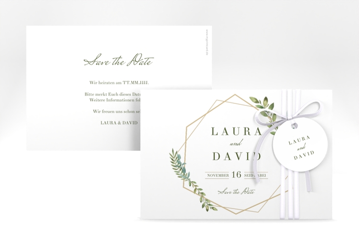 Save the Date-Karte Herbarium A6 Karte quer gold hochglanz mit geometrischem Rahmen und Blätter-Dekor