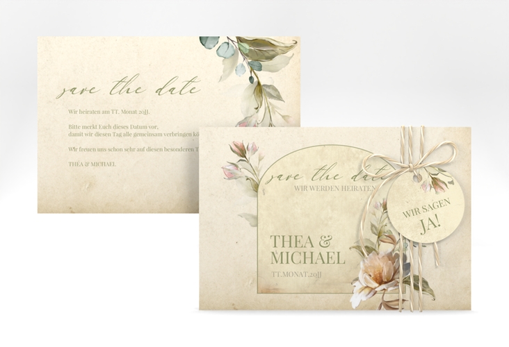 Save the Date-Karte Dornröschen A6 Karte quer mit Aquarell-Rosen im Vintage-Look