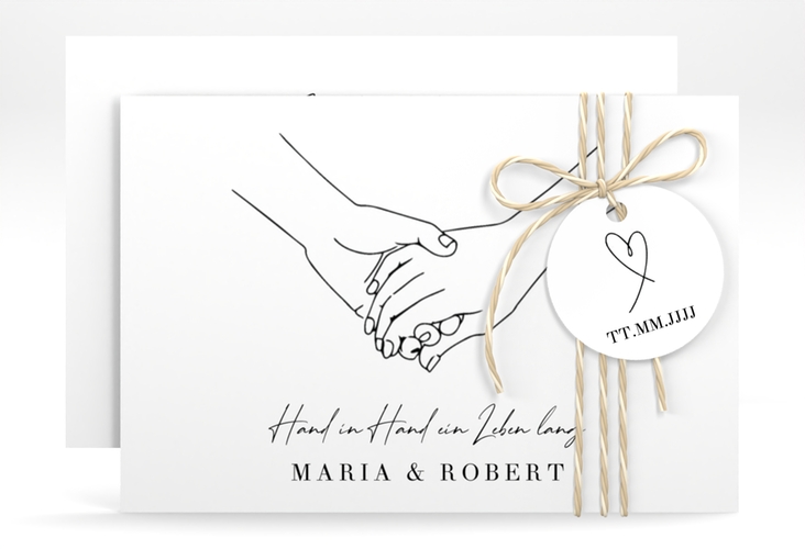 Save the Date-Karte Hands A6 Karte quer weiss mit sich haltenden Händen im Monoline-Stil