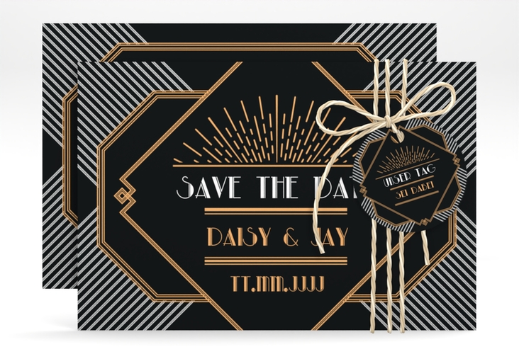 Save the Date-Karte Hochzeit Gatsby A6 Karte quer schwarz im 20er-Jahre-Stil