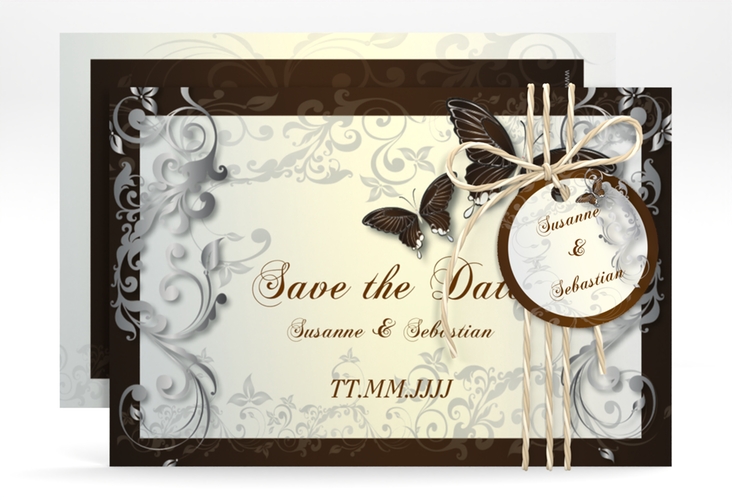 Save the Date-Karte Hochzeit Toulouse A6 Karte quer braun hochglanz romantisch mit Schmetterlingen
