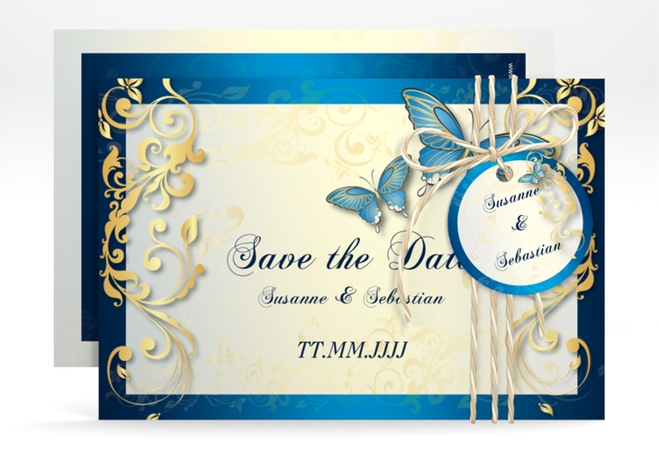 Save the Date-Karte Hochzeit Toulouse A6 Karte quer blau hochglanz romantisch mit Schmetterlingen