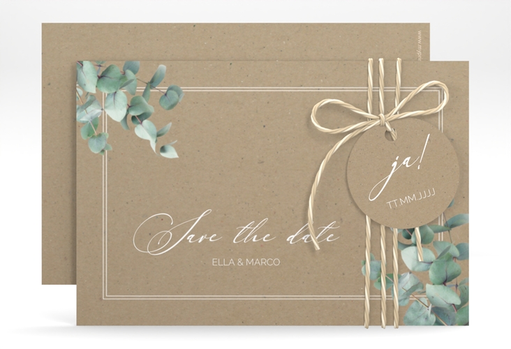 Save the Date-Karte Eucalypt A6 Karte quer Kraftpapier hochglanz mit Eukalyptus und edlem Rahmen