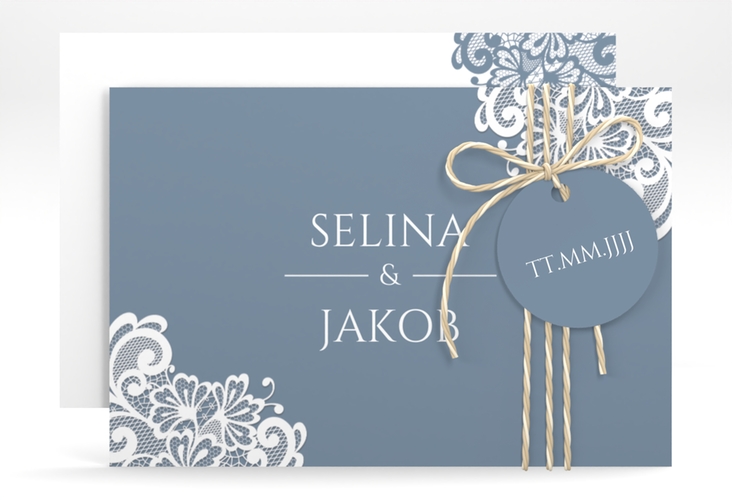 Save the Date-Karte Vintage A6 Karte quer blau hochglanz mit floraler Spitze