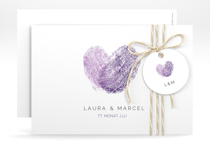 Save the Date-Karte Fingerprint A6 Karte quer lila schlicht mit Fingerabdruck-Motiv