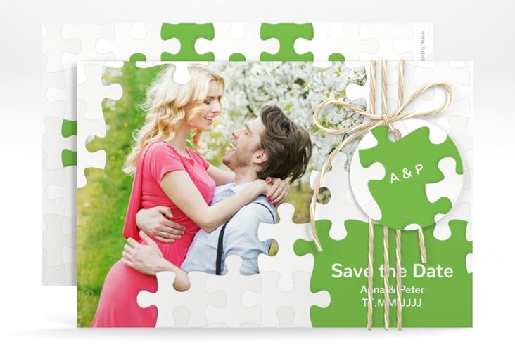 Save the Date-Karte Hochzeit Puzzle A6 Karte quer gruen hochglanz