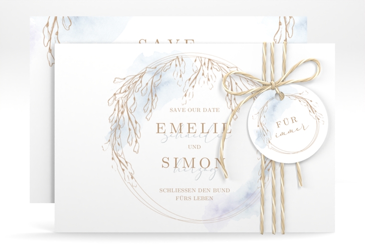 Save the Date-Karte Wisteria A6 Karte quer blau mit Blumenbogen aus Blauregen