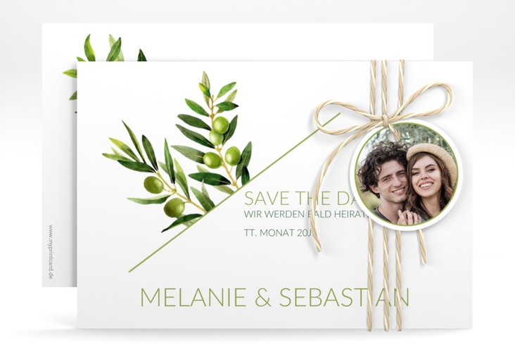 Save the Date-Karte Olivenzweig A6 Karte quer weiss hochglanz