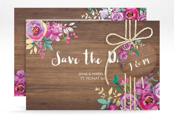 Save the Date-Karte Flourish A6 Karte quer braun mit floraler Bauernmalerei auf Holz