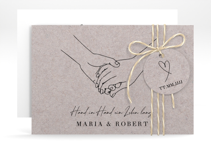 Save the Date-Karte Hands A6 Karte quer Kraftpapier mit sich haltenden Händen im Monoline-Stil