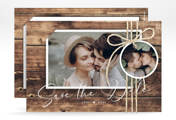 Save the Date-Karte Rustic A6 Karte quer hochglanz in Holz-Optik mit Foto
