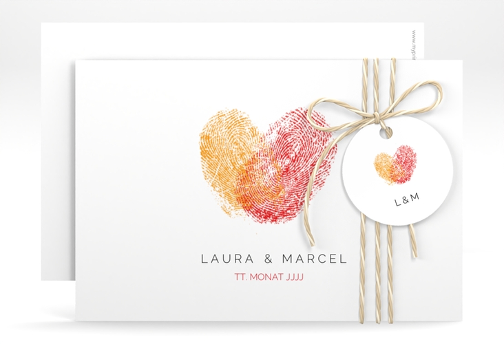 Save the Date-Karte Fingerprint A6 Karte quer rot schlicht mit Fingerabdruck-Motiv