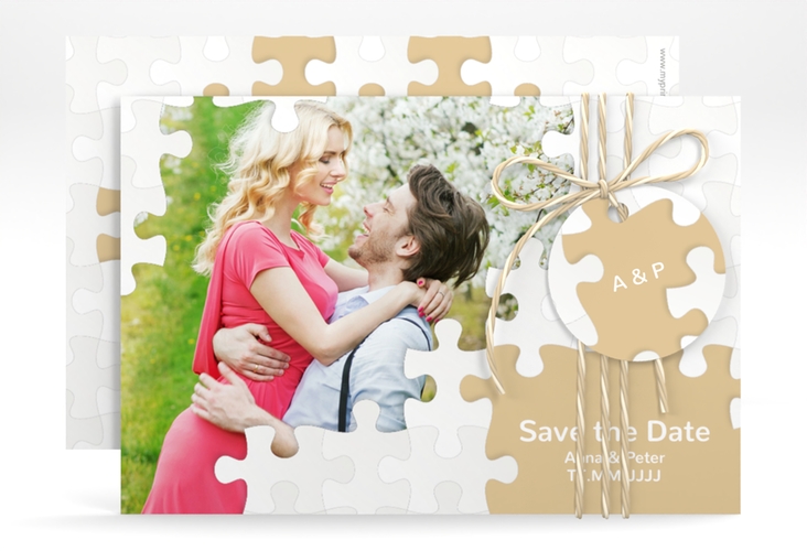 Save the Date-Karte Hochzeit Puzzle A6 Karte quer beige hochglanz