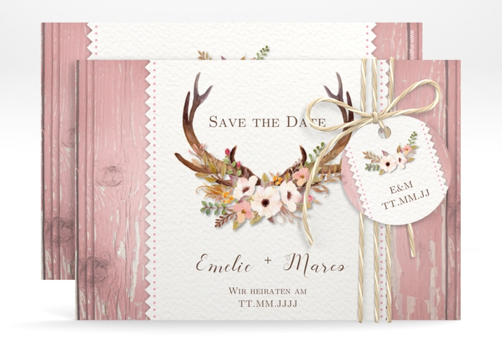 Save the Date-Karte Hochzeit Heimatjuwel A6 Karte quer mit Hirschgeweih und Holz-Hintergrund