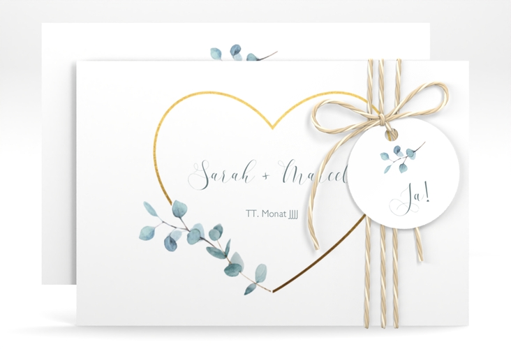 Save the Date-Karte Greenheart A6 Karte quer hochglanz mit elegantem Herz und Eukalyptus-Zweig
