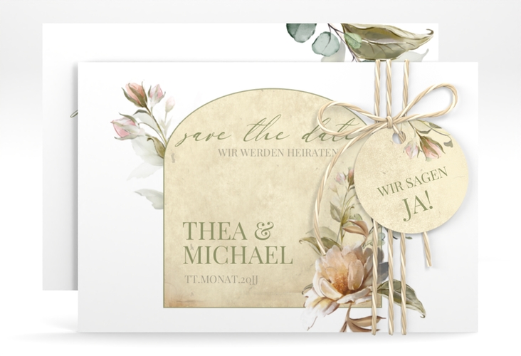 Save the Date-Karte Dornröschen A6 Karte quer weiss mit Aquarell-Rosen im Vintage-Look