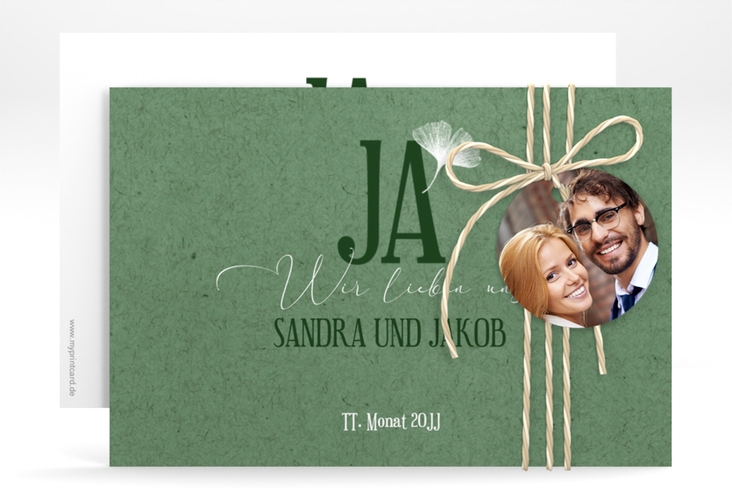Save the Date-Karte Ja A6 Karte quer gruen hochglanz mit Ginkgo-Blatt