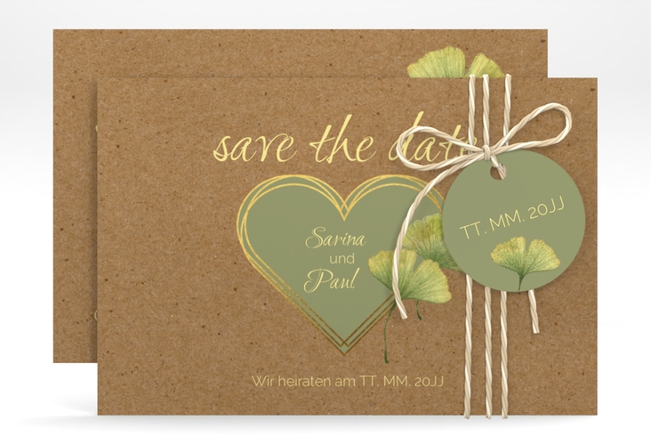 Save the Date-Karte Ginko A6 Karte quer Kraftpapier hochglanz mit Herz und zwei Ginkgo-Blättern