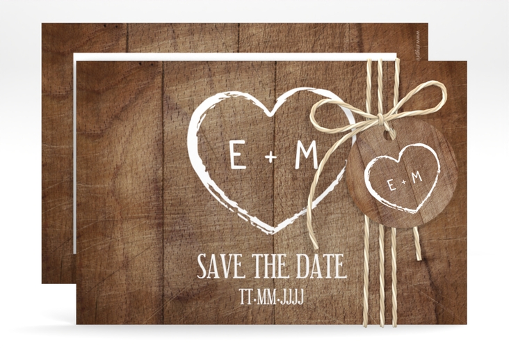 Save the Date-Karte Wood A6 Karte quer hochglanz in Holz-Optik mit Herz und Initialen