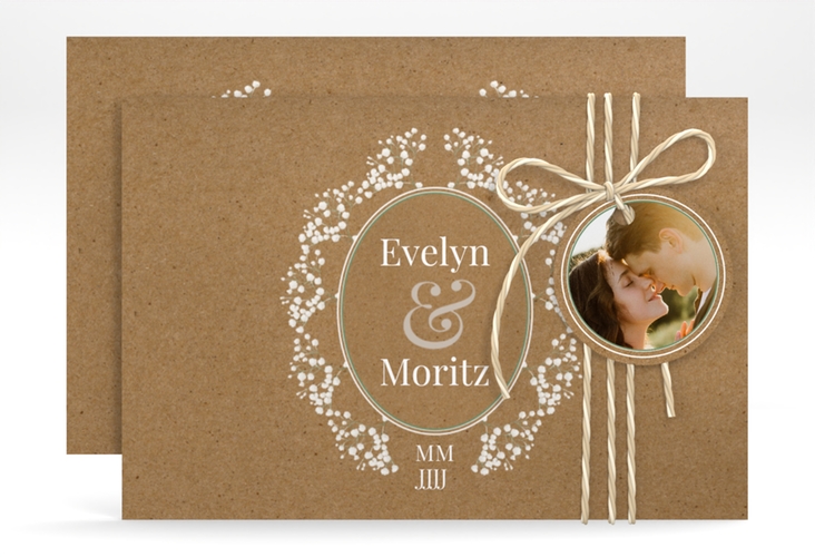 Save the Date-Karte Gypsophila A6 Karte quer im Vintage-Stil mit Blumenkranz aus Schleierkraut