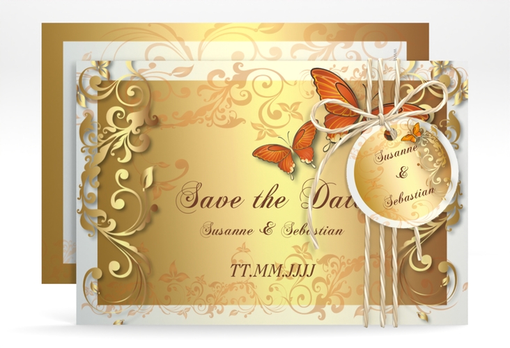Save the Date-Karte Hochzeit Toulouse A6 Karte quer orange hochglanz romantisch mit Schmetterlingen