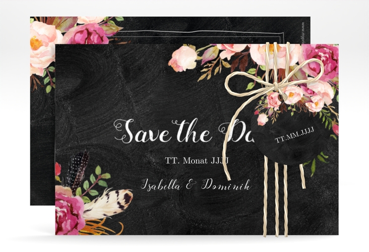 Save the Date-Karte Flowers A6 Karte quer schwarz hochglanz mit bunten Aquarell-Blumen