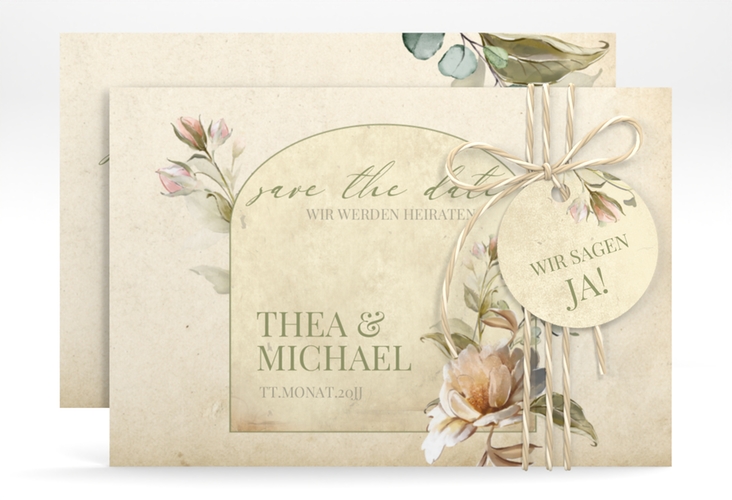 Save the Date-Karte Dornröschen A6 Karte quer mit Aquarell-Rosen im Vintage-Look