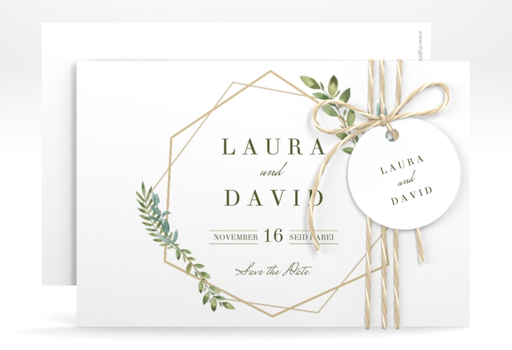 Save the Date-Karte Herbarium A6 Karte quer mit geometrischem Rahmen und Blätter-Dekor