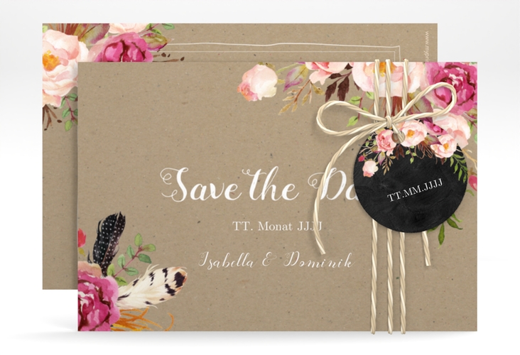 Save the Date-Karte Flowers A6 Karte quer Kraftpapier hochglanz mit bunten Aquarell-Blumen