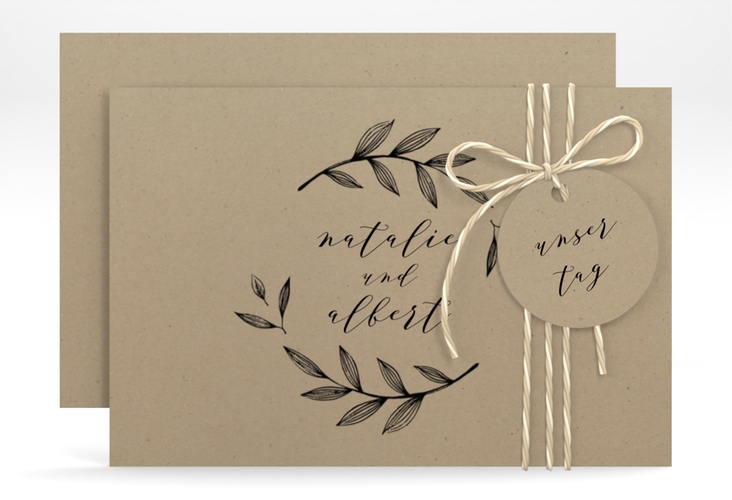 Save the Date-Karte Naturelove A6 Karte quer in Kraftpapier-Optik mit Blattzeichnung